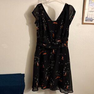 eShakti Black Women’s Dress with Fox and Daisy Print Sz 12 custom NWOT 🦊 🌼